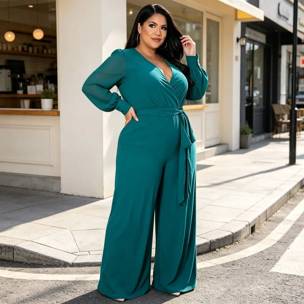 OverSize Womens Loose Solid V Neck Jumpsuit Straight Leg Design Adjustable Tie Waist Belt Elegant Casual And Work Outfit