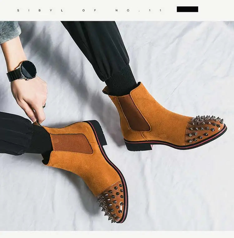 New Brown Men Chelsea Boots Flock Rivet Square Toe Red Sole Punk Handmade Men Short Boots Bottes Pour Hommes