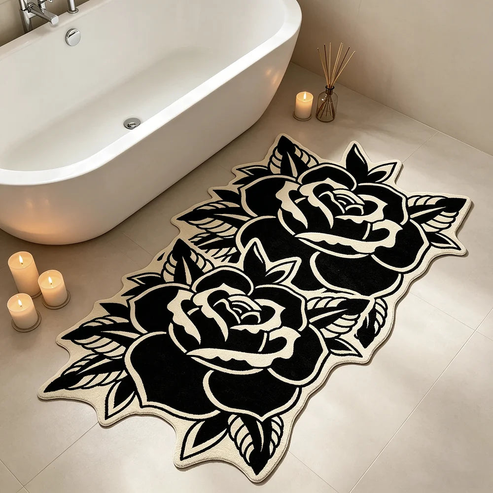 Fashion Retro Black White Rose-Shaped Living Room Carpet Light Luxury Bedroom Bedside Rug Soft Comfortable Floor Mat Home Decor
