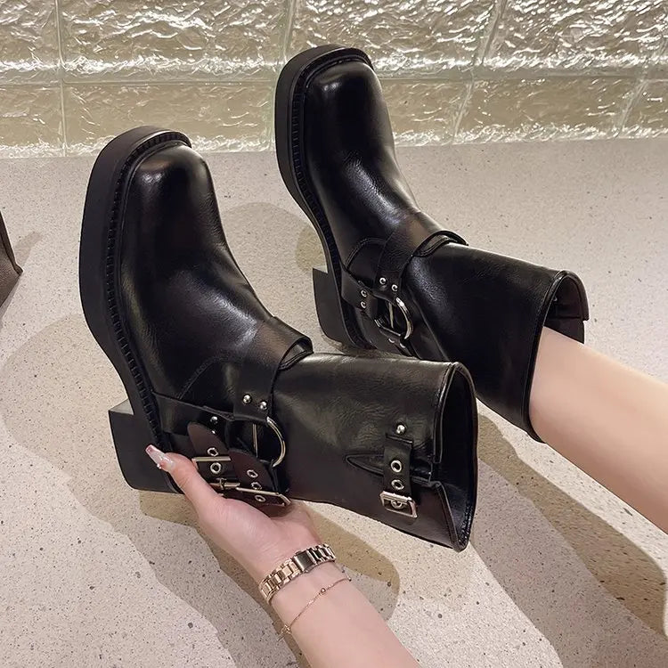 Women's Ankle Boots Autumn Work Fashion Elegant Punk New in Black Luxury Low Heel Round Toe Leather Dropshipping Center Footwear
