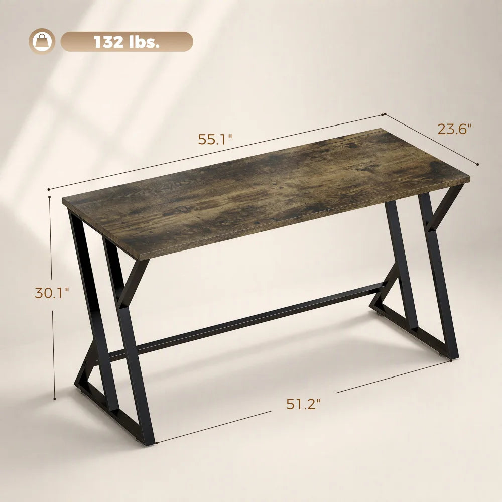 Industrial Z‑Frame Computer Desk 55.1", Rustic Wood Grain Writing Desk with Matte Black Metal Base, 132 Lbs Capacity Home Office Workstation for Bedroom Office