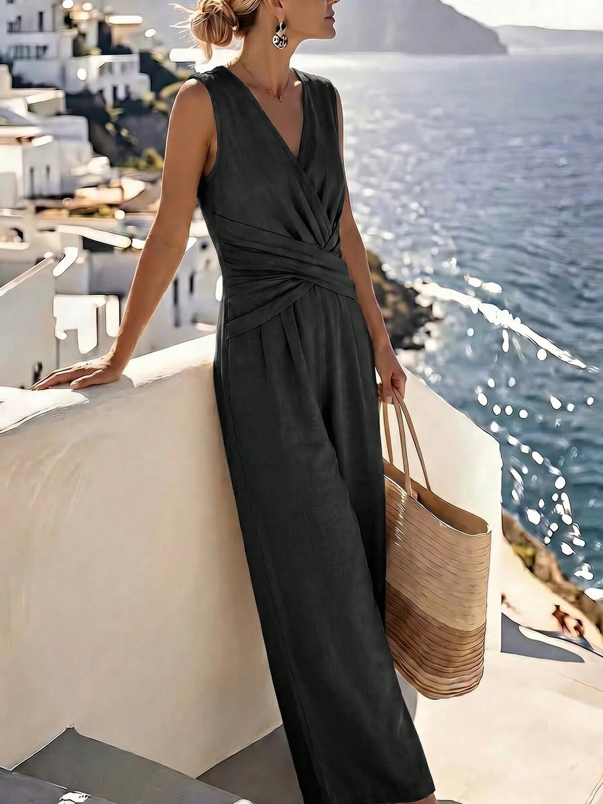Fashion Light Blue Wide Leg Pants Jumpsuit Women's V-neck Sleeveless Cross Wrap Waist Design Rompers Summer Casual Jumpsuits