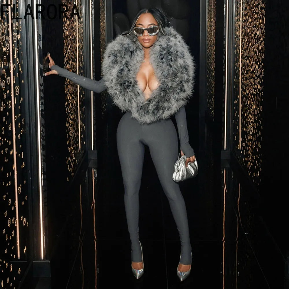 FLARORA Luxury Faux Fur Furry Patchwork Jumpsuits Woman Deep V-Neck Long Sleeve Slim One Piece Rompers Midnight Party Clubwear