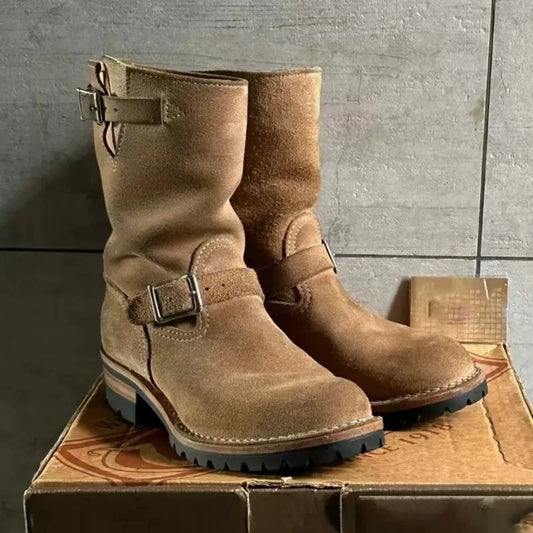 Fashion Men's Khaki Cow Suede Work Boots Mid-Calf Engineer Boots Faded Metal Buckle Strap Motorcycle Knight Boots Sewing