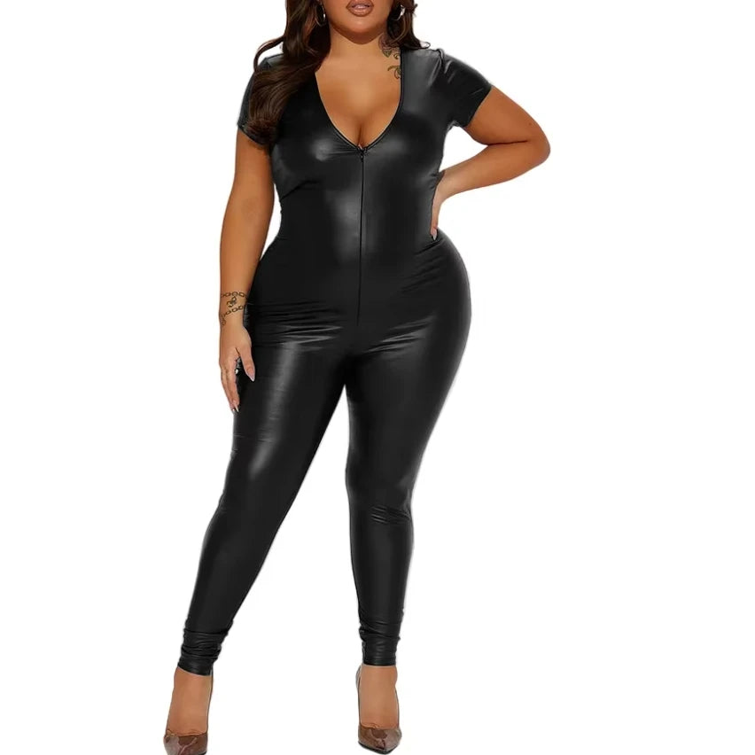 Deep V-neck Women Bodycon Jumpsuits Matte PU Leather Short Sleeve Skinny Zentai Ravely Party Club Stage Performance 8XL