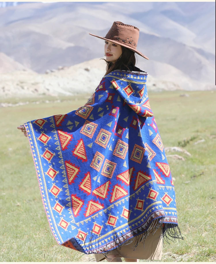 GypsyLady Bohemian Vintage Chic Cloaks Capes Hooded Blue Women Autumn Warm Knitted Ethnic Capes Tassels Cloak Poncho Outwear New