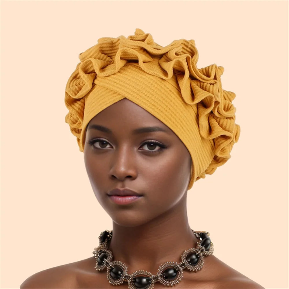 Ruffled Turban Cap Women's Head Wraps Soft Comfortable Headscarf Bonnet Lady Soild Color Headgear