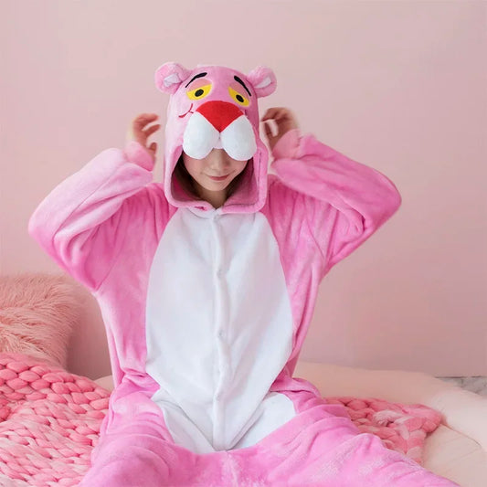 Pink Leopard Kigurumi Unicorn Pajamas Sets Flannel Animal Pyjamas Ladies Winter Nightie Sleepwear Homewear Cosplay Slipper