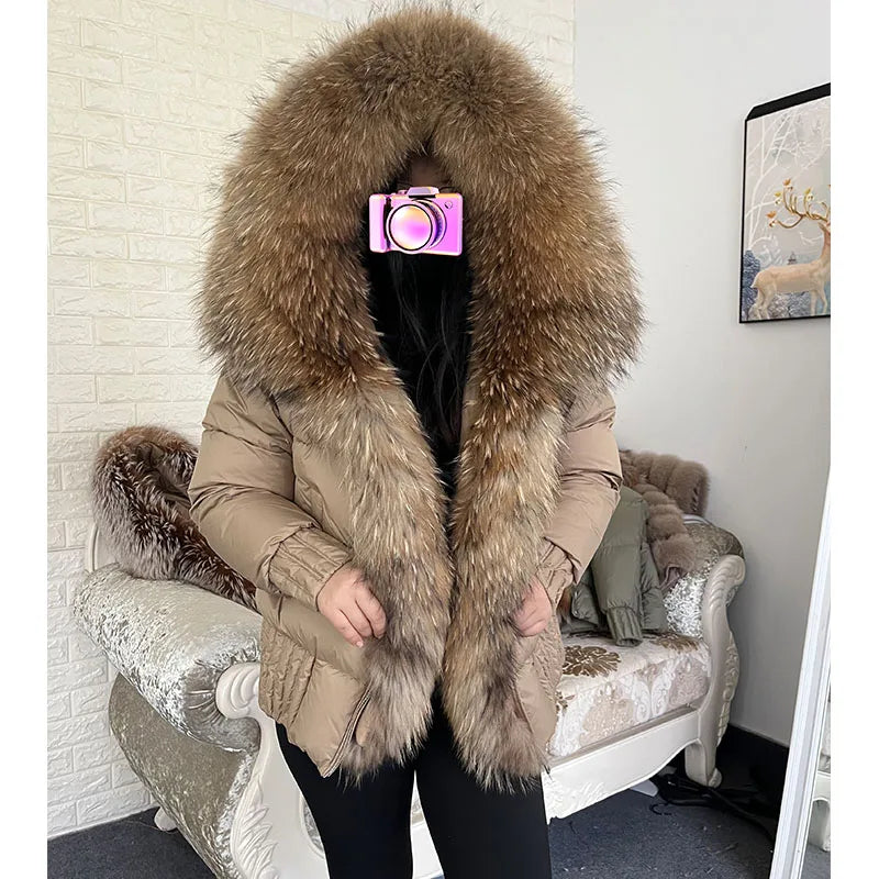 MMK 2023 Winter Women Warm White Duck Down Jacket Natural Real Fox Fur Collar Hood Puffer Coat Thick Luxury Outerwear