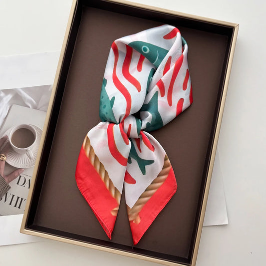 Luxury Square Scarf For Women New Bandanas Fish Printed Hijab Elegant Scarves Neckerchief Fashion Beach Shawl Wraps