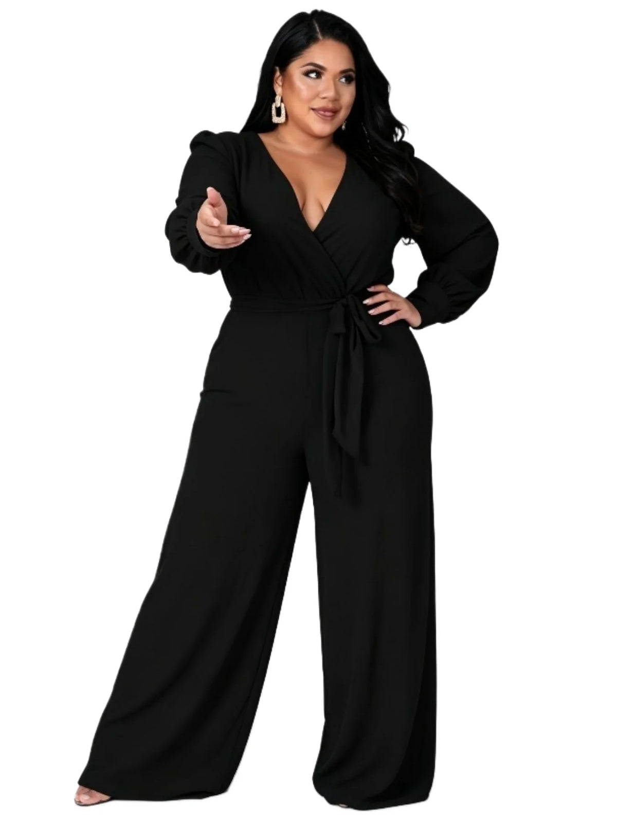 OverSize Womens Loose Solid V Neck Jumpsuit Straight Leg Design Adjustable Tie Waist Belt Elegant Casual And Work Outfit