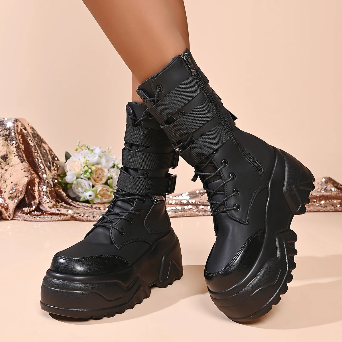 Punk Style Thick Bottom Women's Black Short Boots Side Zip Buckle Straps Platform Shoes for Women Zapatos De Mujer Size 35-42