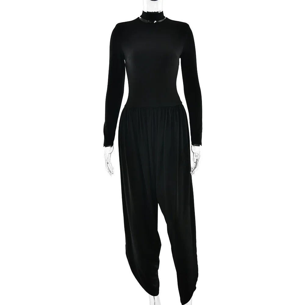 TWOTWINSTYLE Sexy Hot Girl Solid Color Jumpsuits for Women Round Neck Long Sleeve Backless Side Split Streetwear Jumpsuit Female