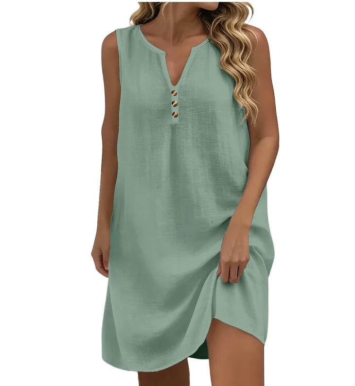 Summer Dresses For Women Sleeveless Cotton And Linen Dress V-Neck Vacation Beach Sundress Casual Solid Holiday Party Robes