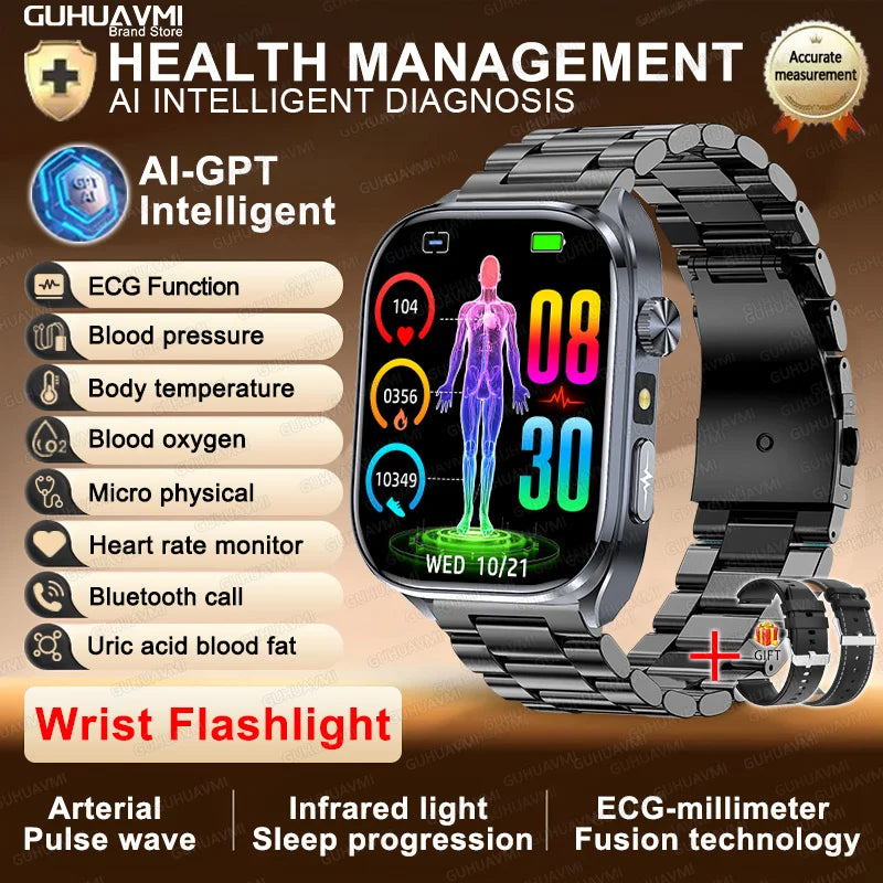 2026New ECG+PPG Clock Health Trackr 2.0 inch Uric Acid Blood lipids Pressure Smart Watch Body Analysis Voice call Smartwatch Men