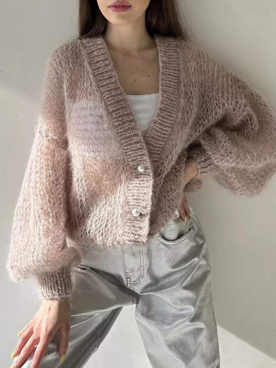 Women Knitting Cardigan 2026 New Women Mohair Knit Cardigan Hollow Out Sheer Long Sleeve Casual Knitted Outerwear Sweater