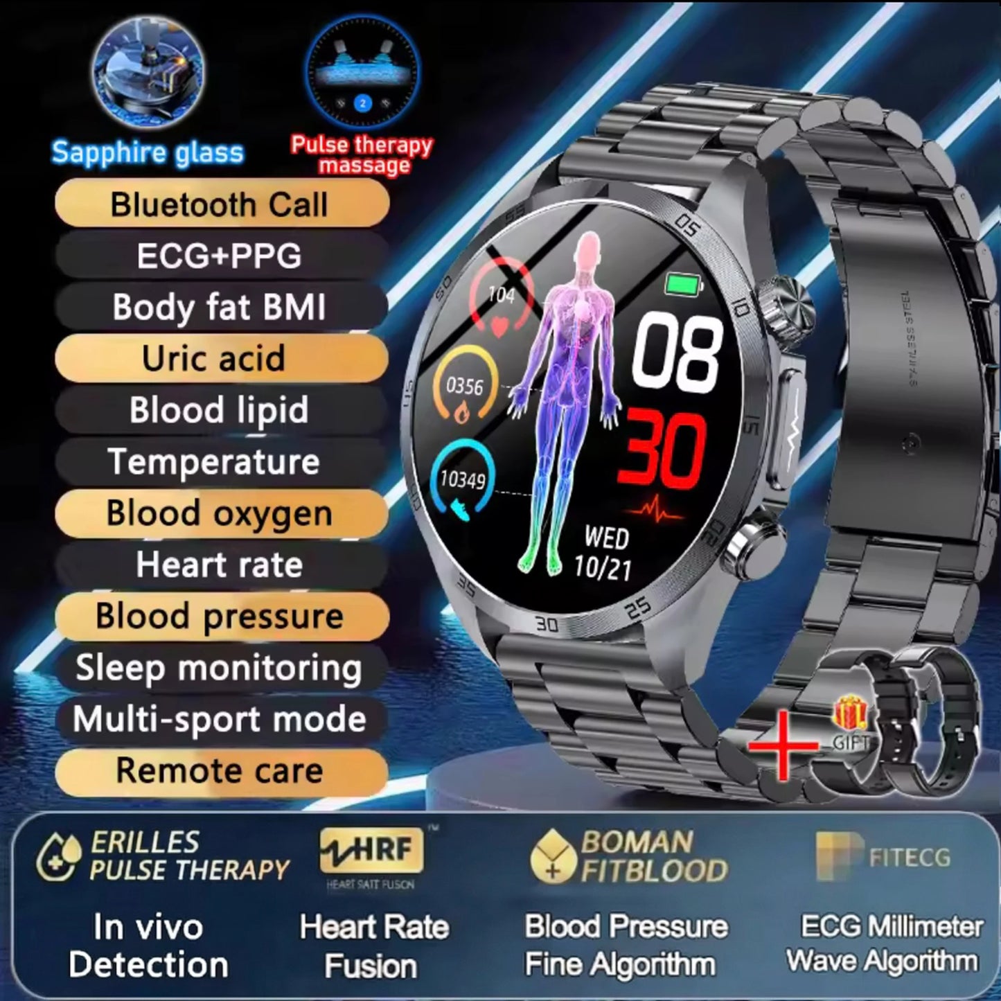 2026 New Medical Grade ECG Smart Watch Laser Treatment Accurate Measurement Blood Lipid Blood Oxygen BMI Sport Health Smartwatch