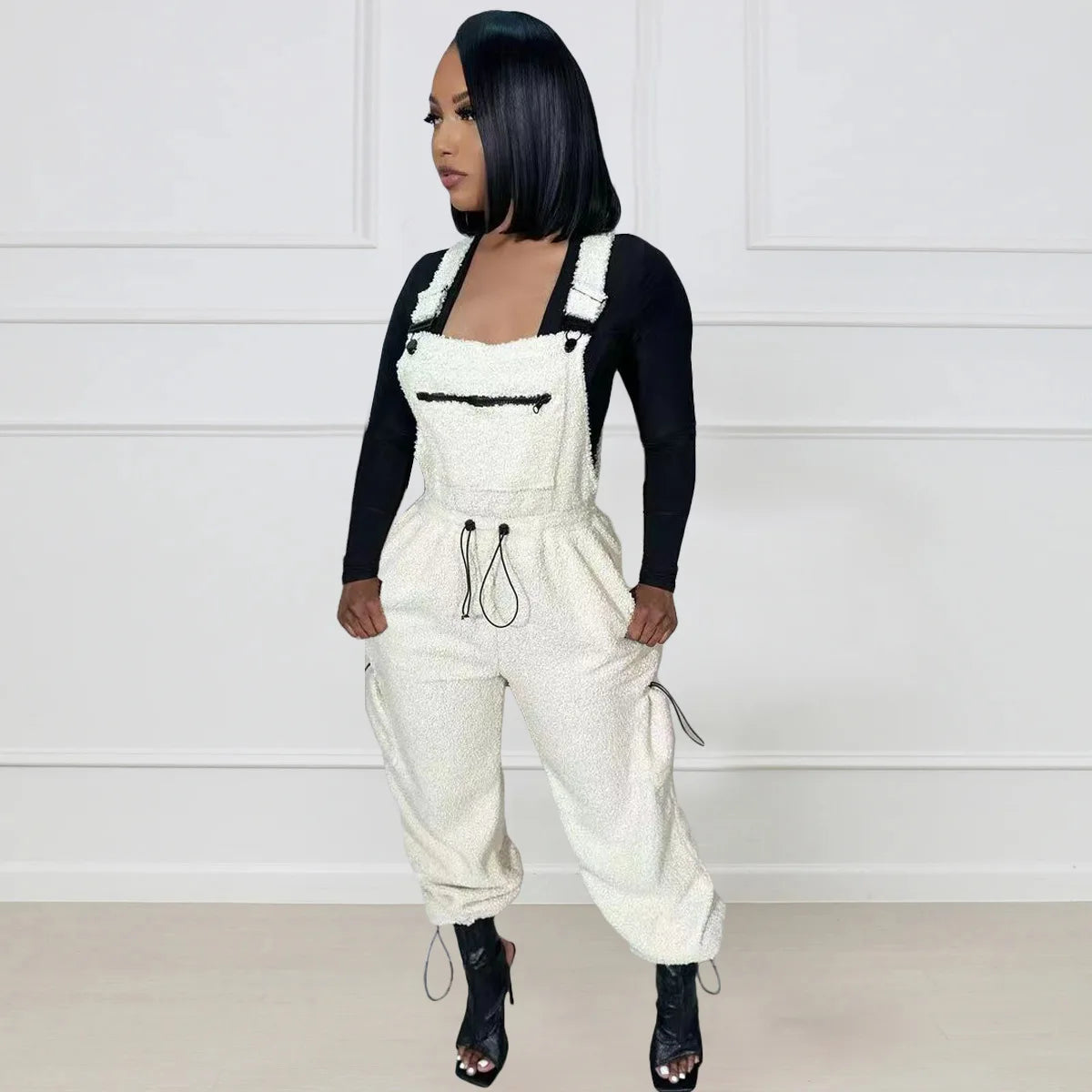 Lace Up Jumpsuit Women One Piece Jumpsuits Fur Rompers High Waist Spring Autumn Pants Mom Overalls Playsuits Elegant Pink