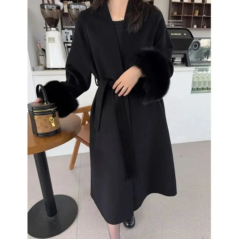 Women Autumn Winter Woolen Coat 2025 New High-End French Style Fur Sleeves Mid-Length Woolen Coat Women Long Coat Loose Outwear