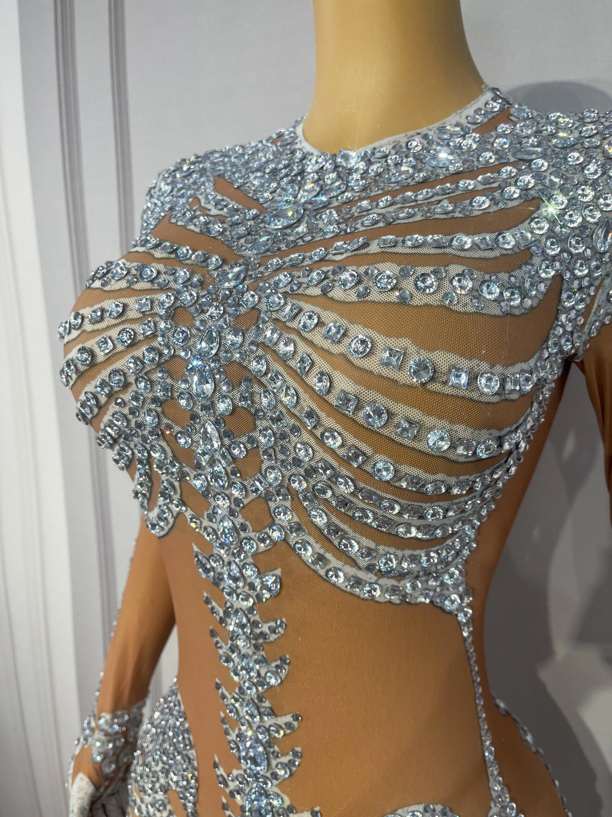 Fashion Skeleton Pattern Designed Shining Rhinestones Mesh Dress Women Halloween Party Celebrate Show Stage Outfit Kulouwang