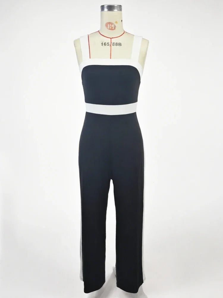 Women's Casual Black Jumpsuit White Contrast Trim Square Neck Great for City Nights Social Gatherings Fashionable Wear