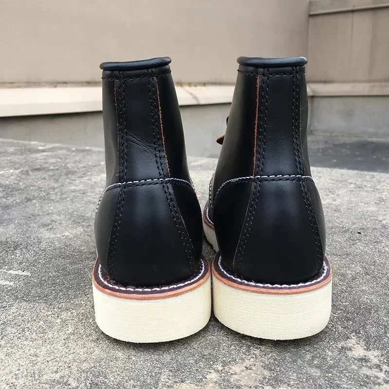 Men's Goodyear-Welted Vintage Genuine Leather Mid-calf Motorcycle Boots Round toe Casual Punk Dress Boots Work Shoes Western Red