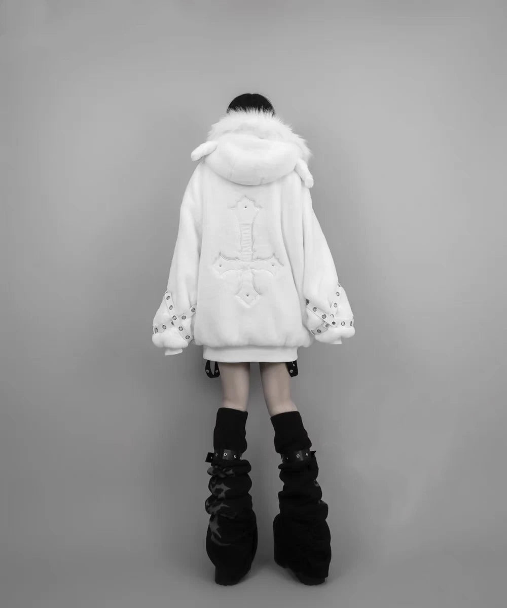 Mauroicardi Autumn Winter Oversized Warm Soft White Faux Fur Coat Women with Hood Harajuku Fashion Fluffy Jacket Streetwear 2025