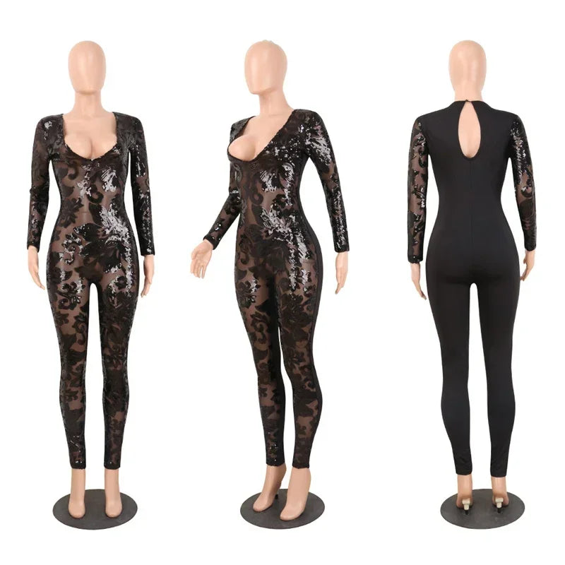 Sparkly Party Night Sequin Jumpsuit Women Overalls Long Sleeve Mesh See Through Patchwork Bodycon Rompers and Jumpsuits Clubwear