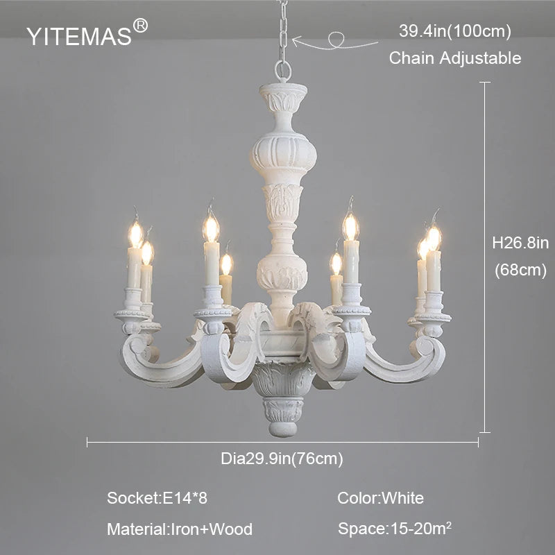 Antique White Wood Chandeliers Mid Century Chandelier Vintage French Hanging Chandeliers Classic 5/6/8 Lights Dining Living Room