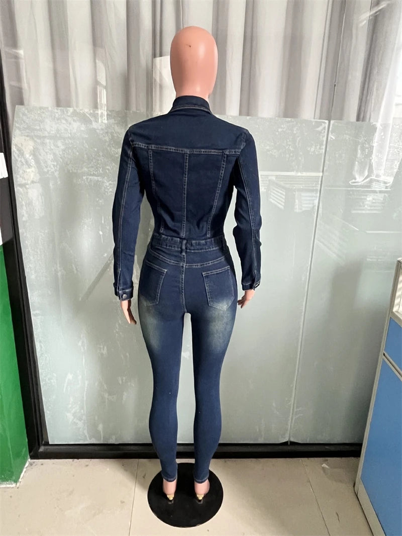 Streetwear Jean Jumpsuits Fall Clothes Women Full Sleeve Bodycon Pencil Pants Denim Rompers Playsuits One Pieces Overalls Outfit