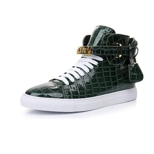 Luxury Designer Men Crocodile Pattern High Top Sneakers Glossy Patent Leather Gold Buckle Lace-up Casual Street Shoes Footwear
