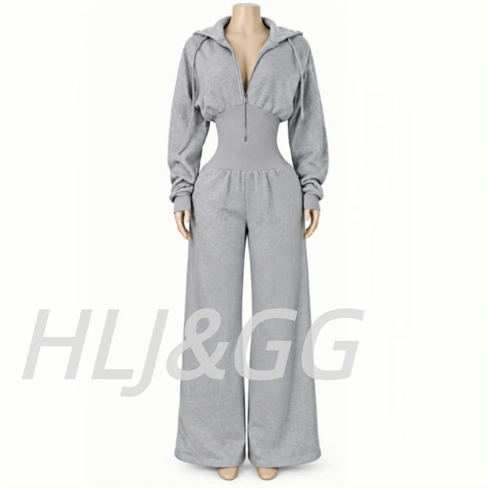 HLJ&GG Autumn Light Fleece Hooded Wine Leg Pants One Piece Jumpsuits Women Zipper Long Sleeve High Waist Sweat Sport Sportswears