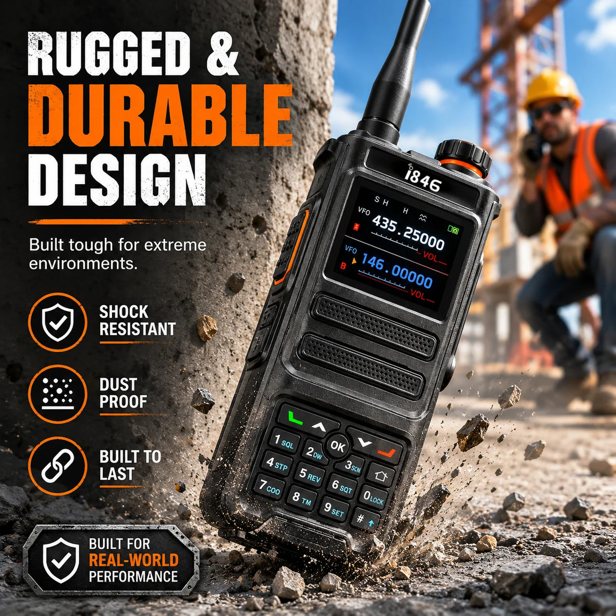 10W Walkie Talkie IP68 Waterproof Two Way Radio 100-600MHz Long Range with LED Display & Flashlight for Outdoor Hunting
