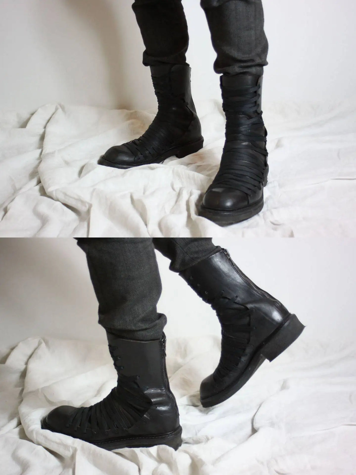 Side Cross Tied Black Walking Boots Fashion Men's Mid-calf Knight Boots Flat Round Toe Solid Back Zipper Western Chelsae Boots