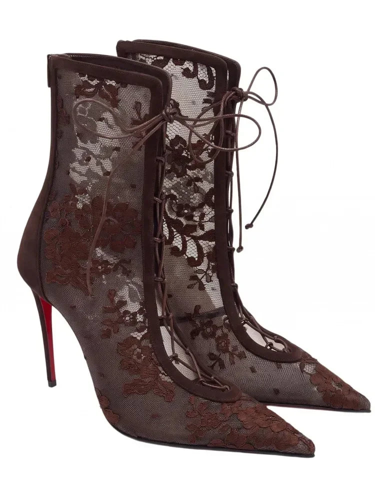 2026Spring and Summer Pointed Black Mesh Fine High Heels Knee Length Cool Boots Embroidered Lace Up Party Wedding Women's Boots