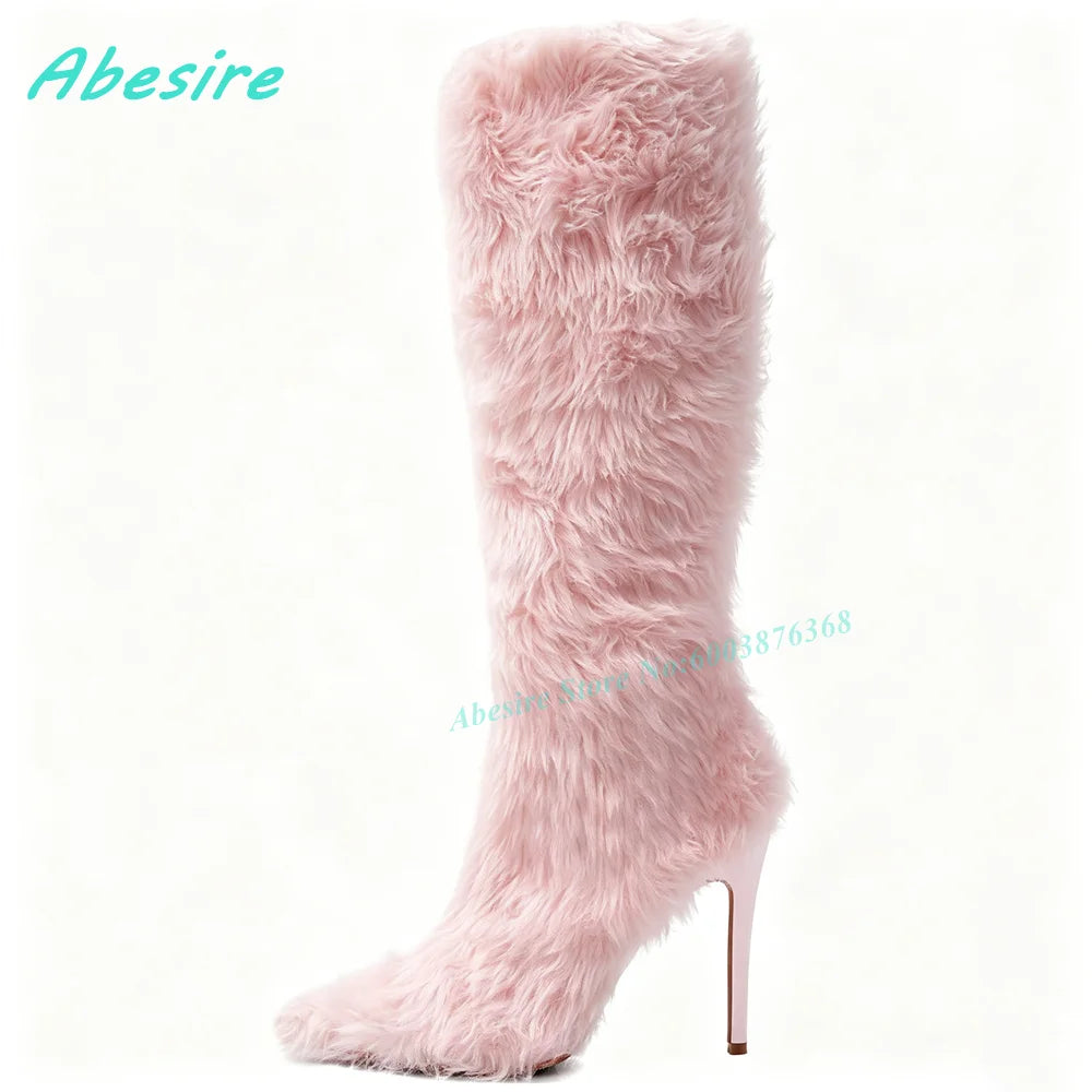 White Faux Fluffy Fur Knee High Boots Pointed Toe Stiletto Heels Side Zipper Women's Boots Spicy Girls Fashion Show Winter Shoes