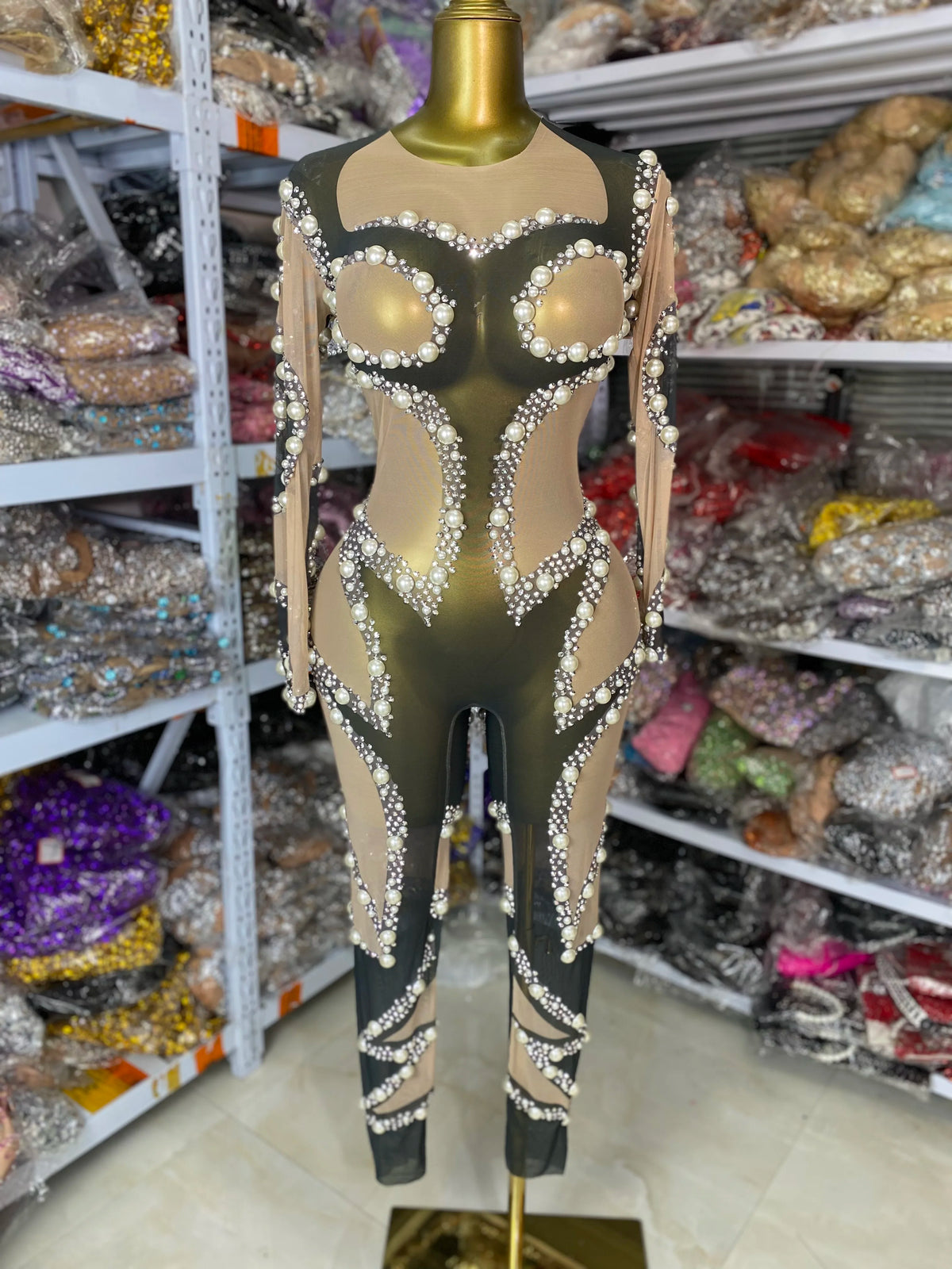 Women Special Occassion Long Sleeve Printed Pearl Studded Bodycon Jumpsuits Y2k Party Evening Club Singer Dancer Stage Costumes