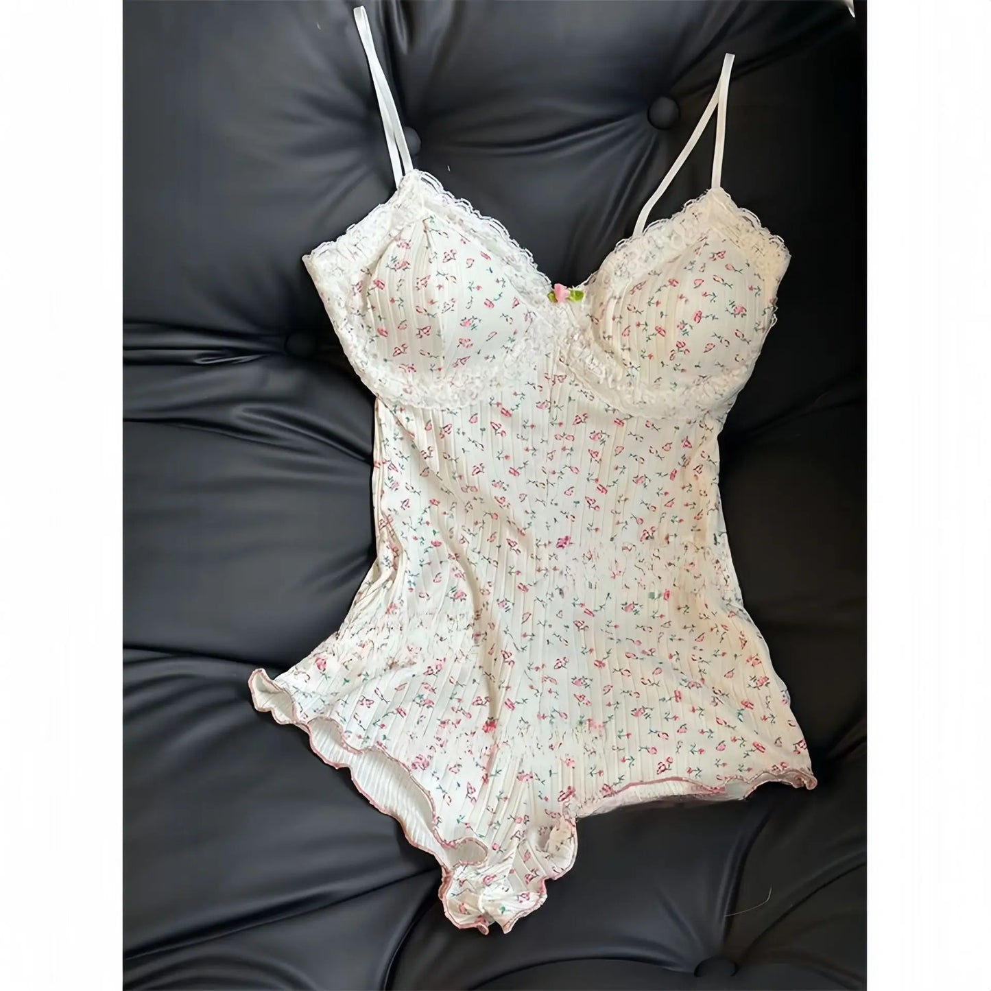 Summer Onesies Women Sexy Floral Print Bodysuit Lace Trim Sleeveless Slim Fit Jumpsuit Romper Underwear Nightwear Lingerie