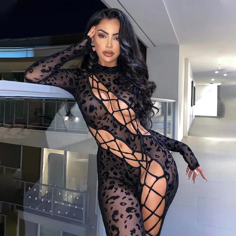 Sexy Women Clothes Leopard Flocked Mesh Jumpsuit Long Sleeve Criss‑Cross Lace‑Up Cut‑out See‑Through Night Club Party Bodysuit
