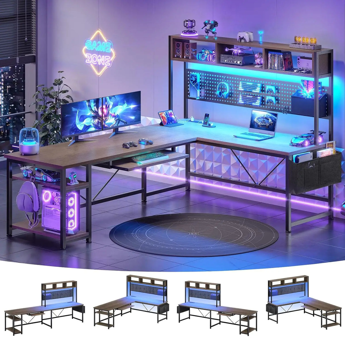 67" Reversible L Shaped Gaming Computer Desk, Pegboard, LED Lights, Power Outlet & Keyboard Tray for Home Office, Custom