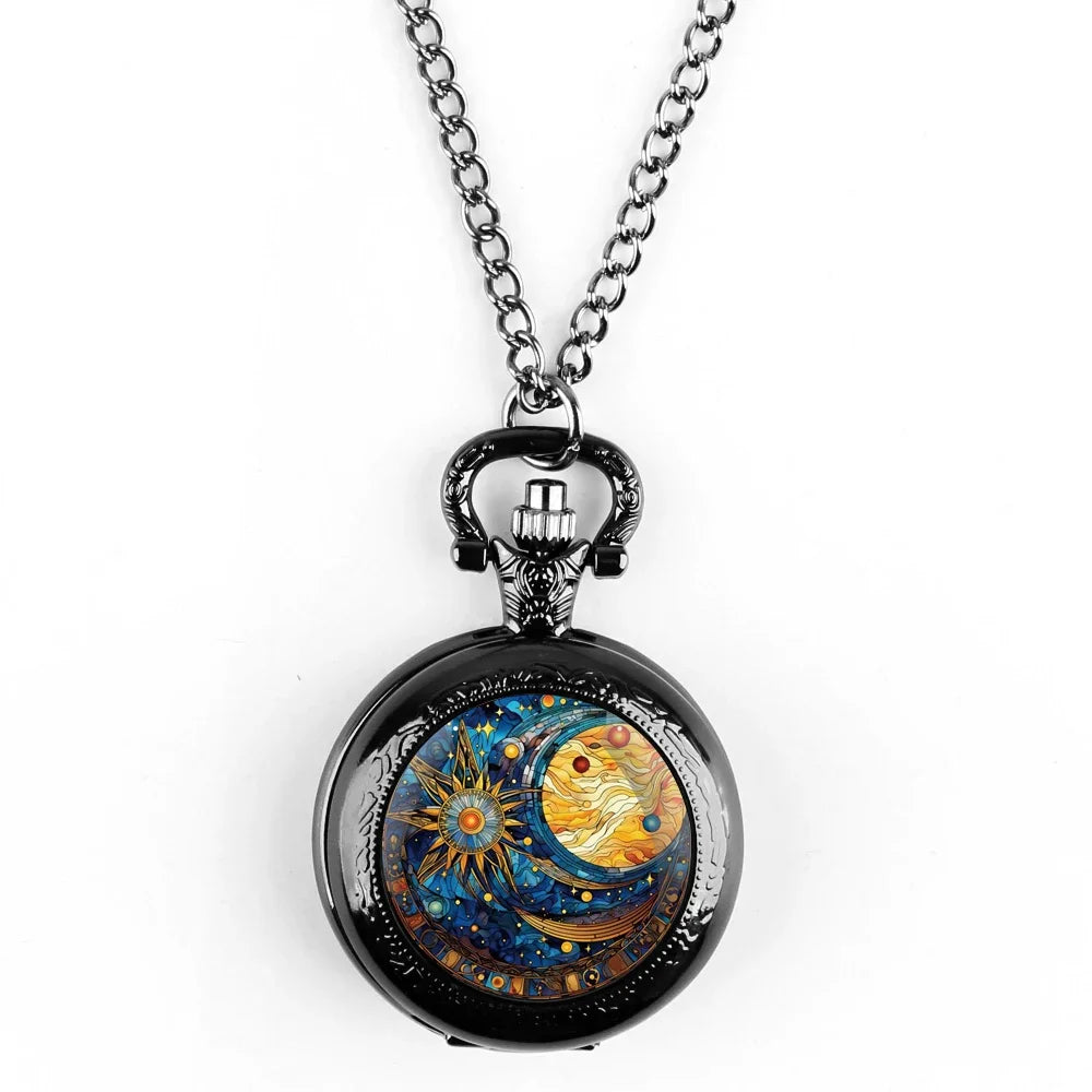 Vintage Sun and Moon Pendant Glass Dome Pocket Watch Souvenir Chain Clock Arabic Numerals with Personality Gift for Women Men