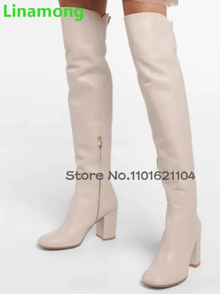 Square Heel Round Toe Leather Fabric Boots For Female Women 2024 Winter New Over-the-knee Side Zipper Elegant Fashion Solid Shoe