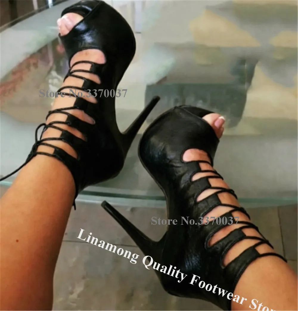 Linamong White Matte Leather Stiletto Heel Straps Cross Sandals Peep Toe Lace-up High Platform Thin Heel Party Heels