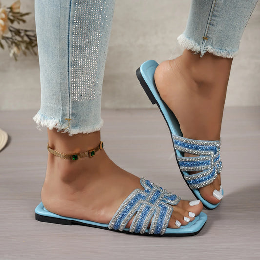 2026 Women Rhinestone Slippers Fashion Non-Slip Shoes Women Outdoor Slippers Designer Square Heel Flat Sandals Slides Women