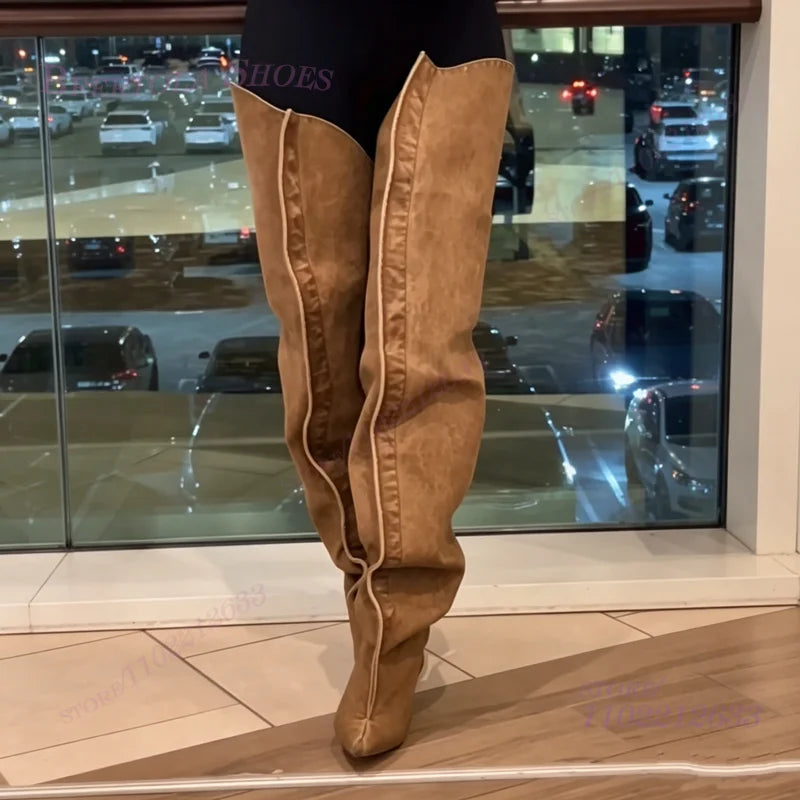 Wide Leg Loose Fitting Brown Suede Boots Women Long Pleated Stiletto Heels Pointed Toe Summer Denim Khaki Party Cool Girl Shoes