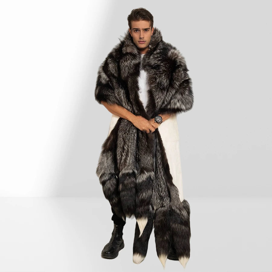 Unisex Double Face Silver Fox & White Rex Boa-Cape With Tails Real Fur Scarf Long Hot Selling Warm Natural Fur Scarf