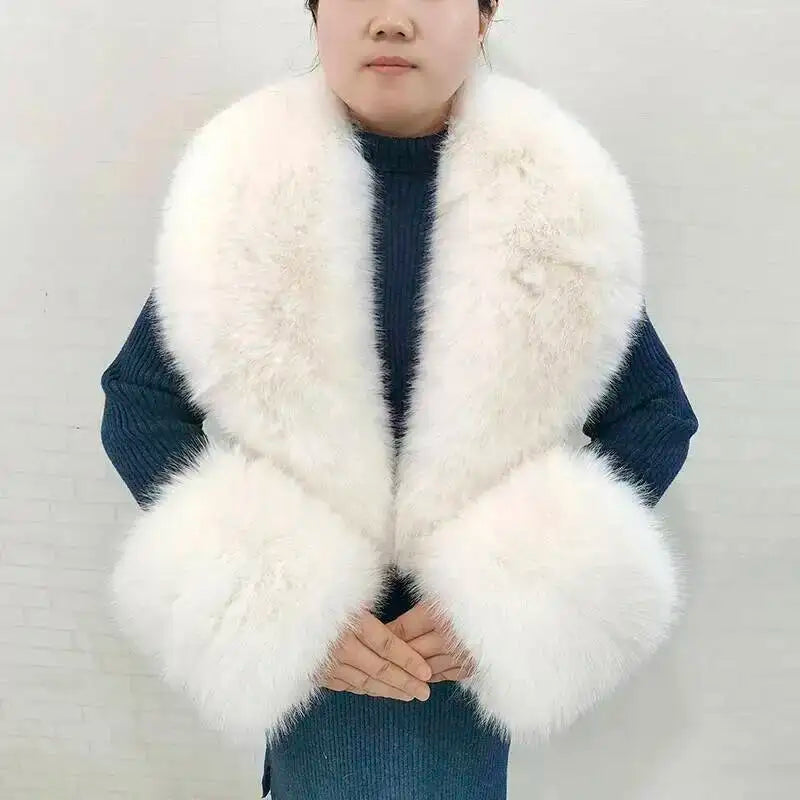 Large Women Faux Fox Fur Scarf Winter Jackets Warm Fluffy Shawl Fashion Artificial Fur Collar And Cuff Set Fluffy Scarves Female