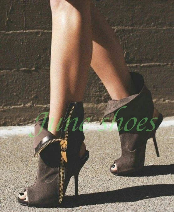 Lady Gladiator Style Black Peep Toe Ankle Boots Punk Turn-Over Hollow Design Party Sexy Pumps Ankle Boots Zipper Design Runway