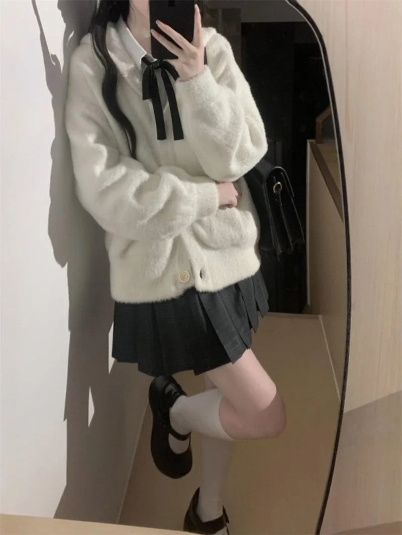 2025 New Japanese College Style Casual Loose Fitting Mink Fur Cardigan Jacket JK Trendy Skirt