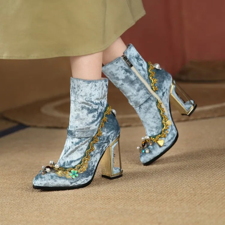 Royal Gemstone Jeweled Flower Velvet Ankle Boots Floral Crystal Cage Fretwork High Heels Blue Red Black Woman Bridal Booties